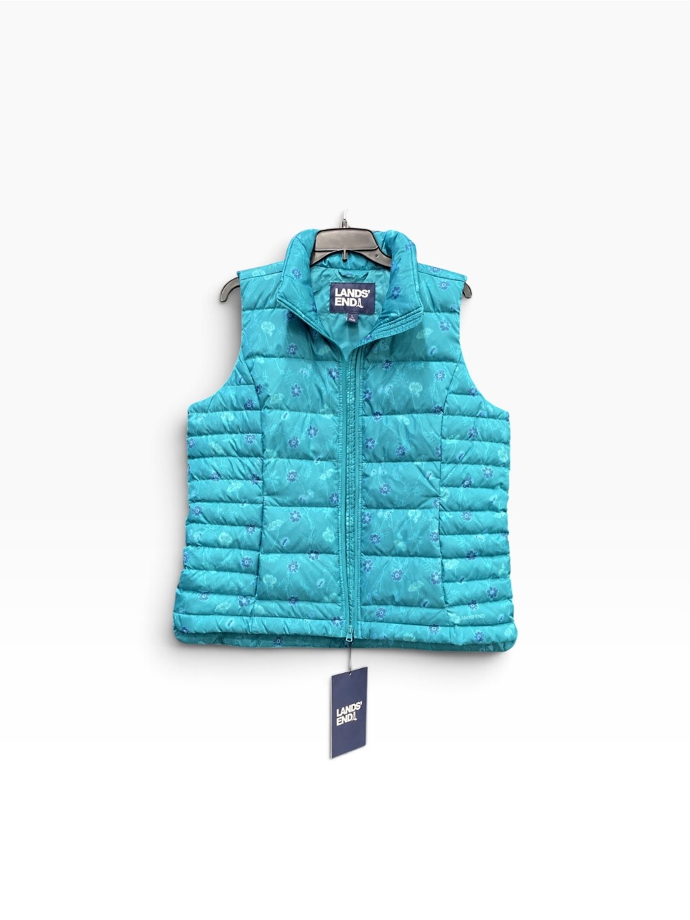 NWT Lands’ End Floral Down Puffer Vest Turquoise Blue Women’s L 14-16